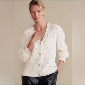 Soft Surroundings Meryl Beaded Cable Knit Classic Cardigan Ivory Sweater Size M